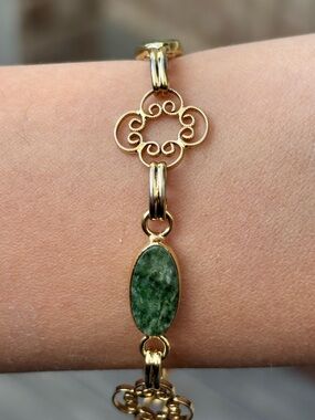 Vintage Jade Bracelet Gold Filled Filigree Link Green Stone 7.75”